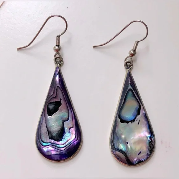 🎉Vintage Alpaca Silver Abalone Tear Drop Dangle Earrings - Picture 1 of 5